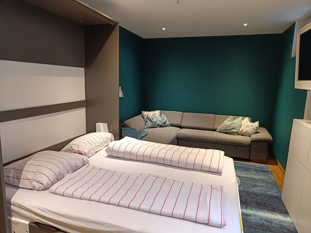 Guest- and working room with folding bed and sofa (pull-out sofa)