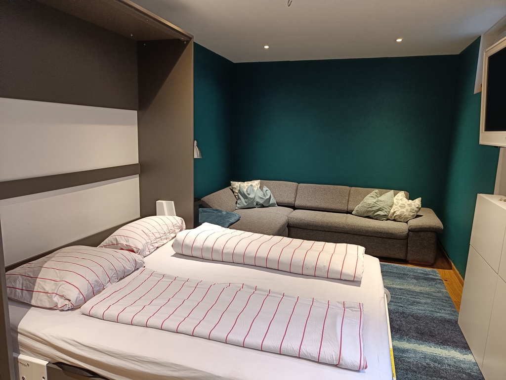 Guest- and working room with folding bed and sofa (pull-out sofa)