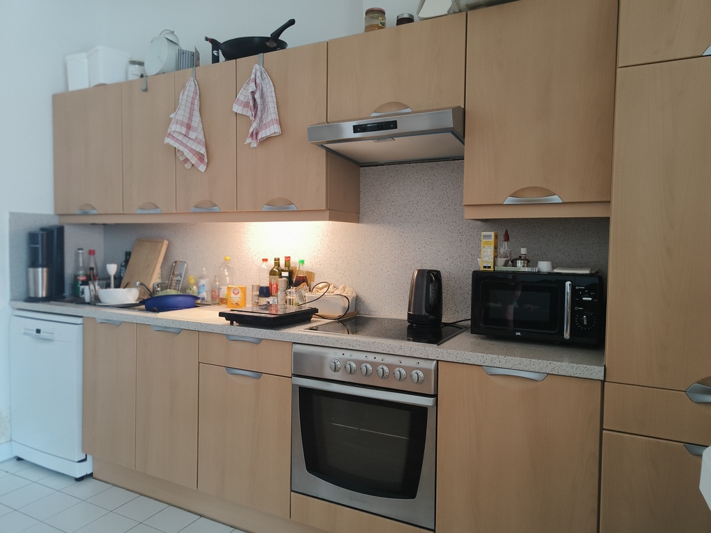 offene Küchenzeile mit Ceranfeld, Backrohr, Mikrowelle, Kühlschrank mit Gefrierfach im Wohnzimmer 