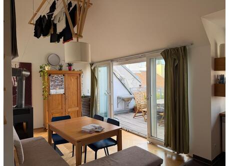 Main room with chimney and terrace