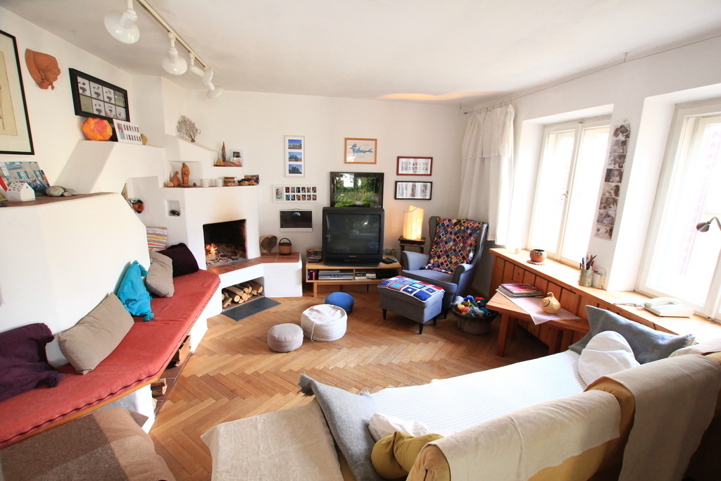 Living room with open fire place