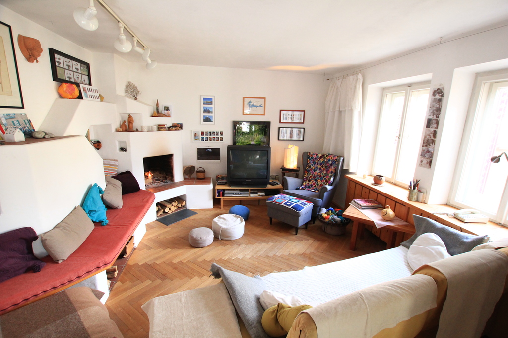Living room with open fire place