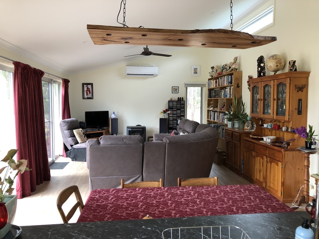 the living area looking from the kitchen