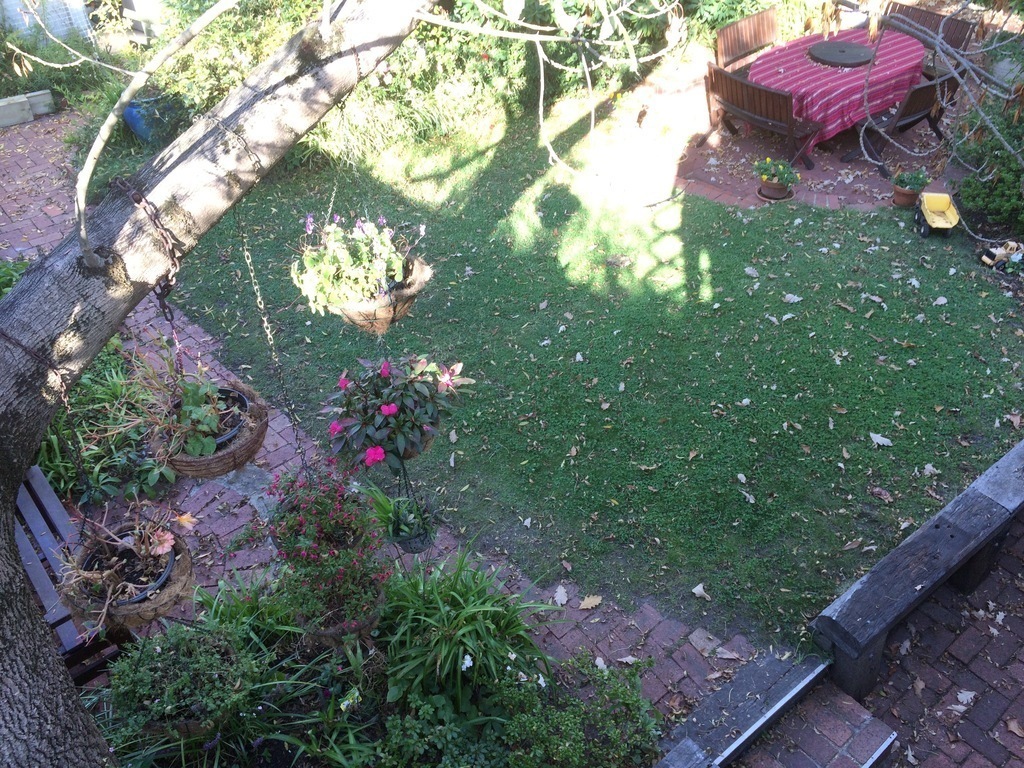 Looking down on back garden from upstairs balcony