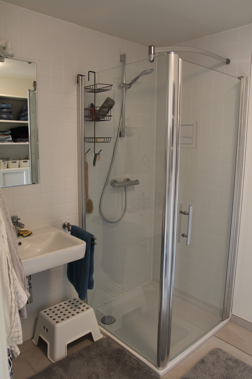 Bathroom with lavabo, shower, cupboard