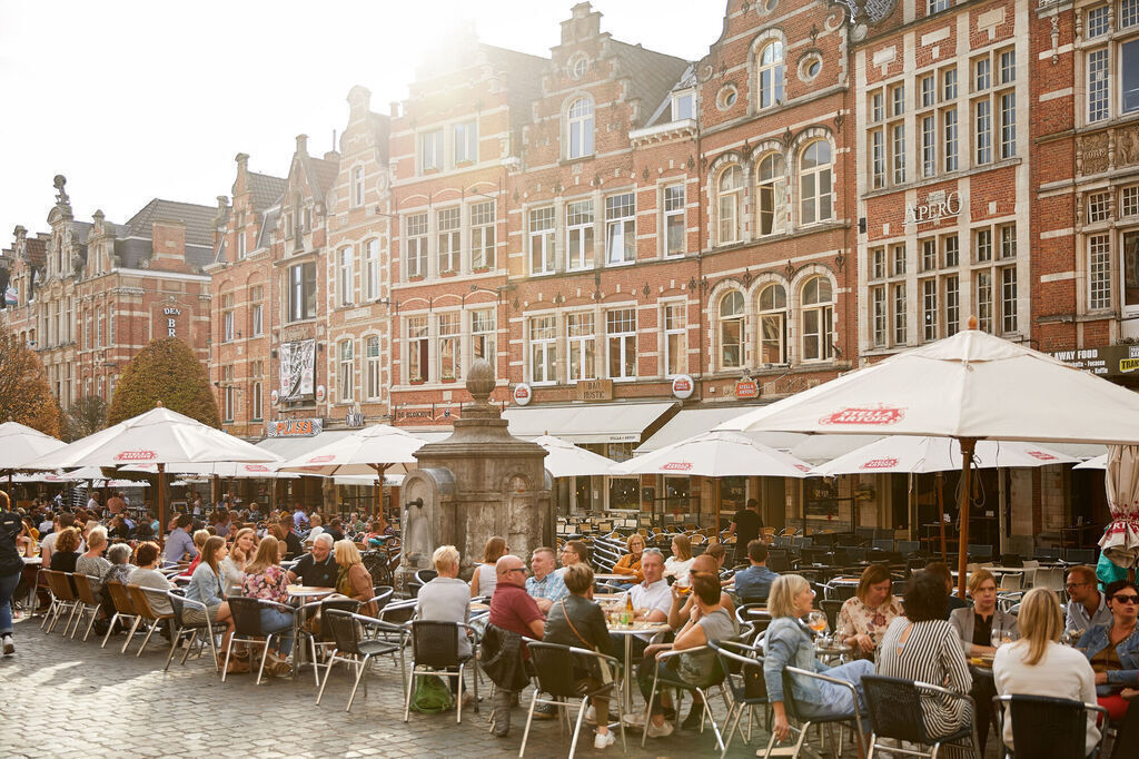 Leuven Old Market with pubs and terraces