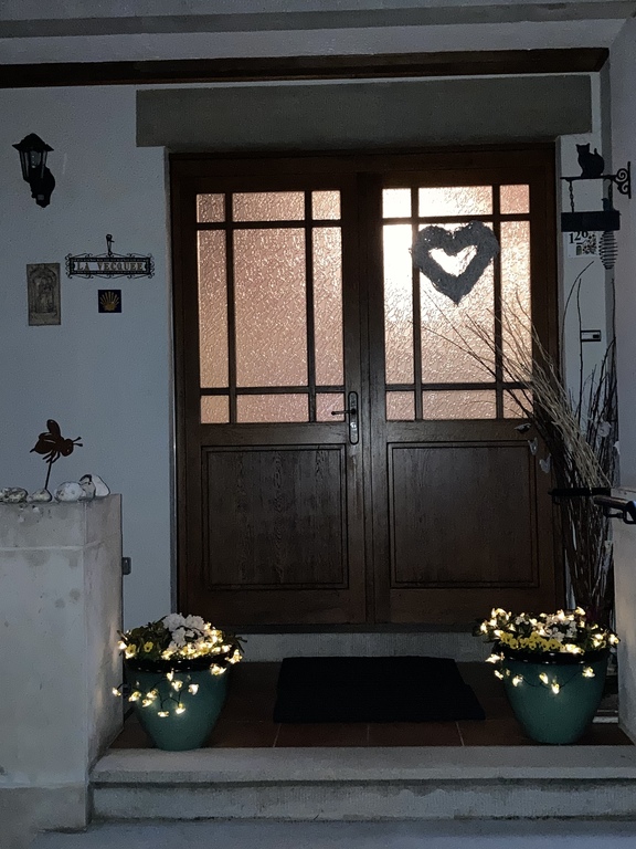 Front door at night.