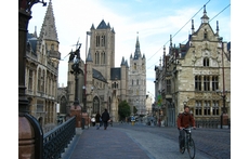 Saint Michael's Bridge, view of the tower of Saint Nicolas'church and the Belfry - Ghent