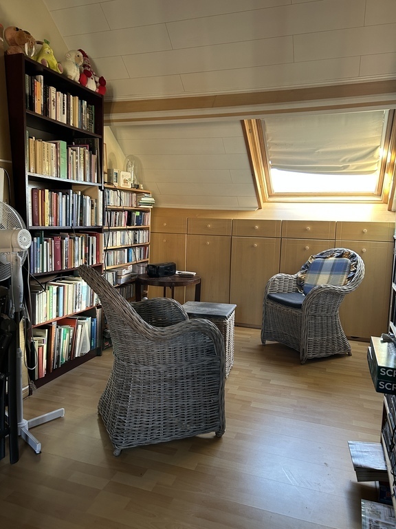 Guest-room; Sitting corner with Bookcases ( books and CD's ) An old fashioned Portable CD player is present.
