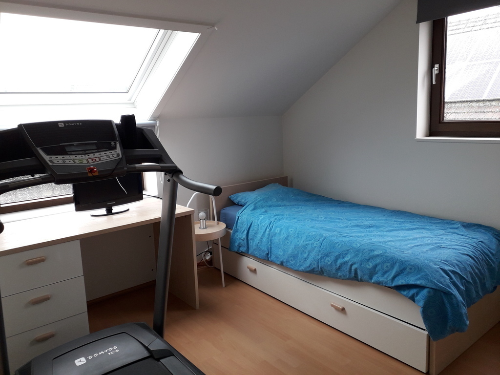 bedroom with single bed and treadmill