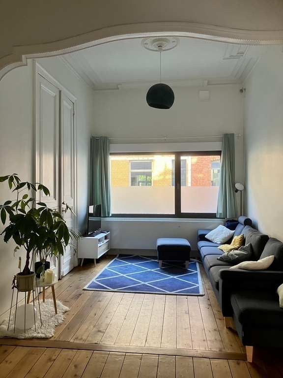 Cozy living room with authentic elements consisting of two parts.