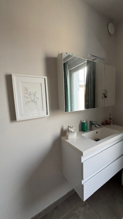 Kleine, nette badkamer met groot raam en veel natuurlijk licht. Eén lavabo met ruime afgesloten douche en toilet.