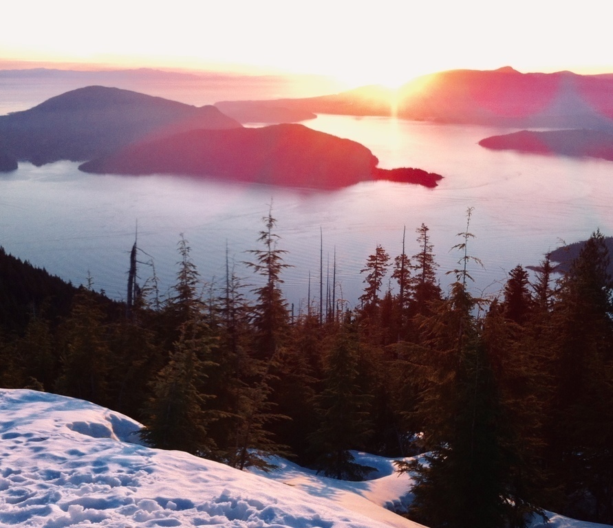 Howe Sound sunset in spring, from a mountain in Cypress Provincial Park, 22 km from our home