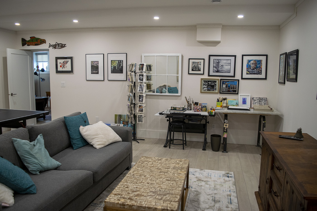 media room with art corner