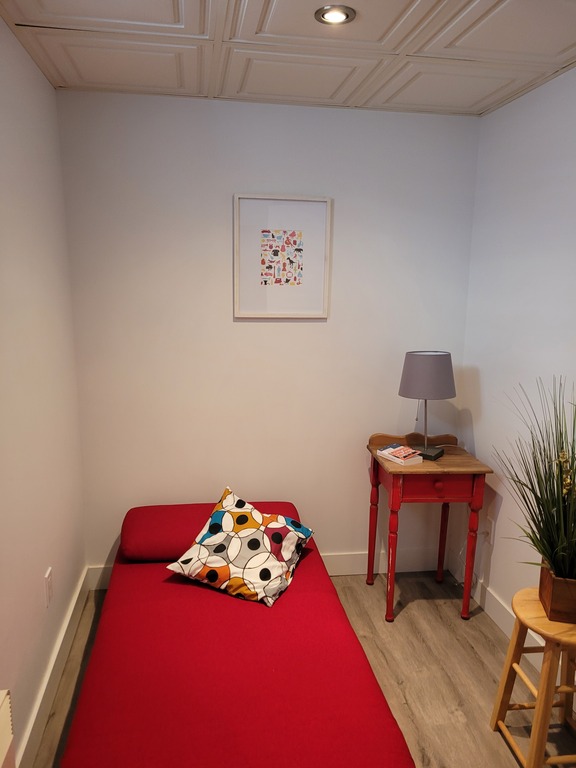 3rd bedroom in the basement with comfortable sofa bed / 3e chambre au sous sol avec canapé lit confortable