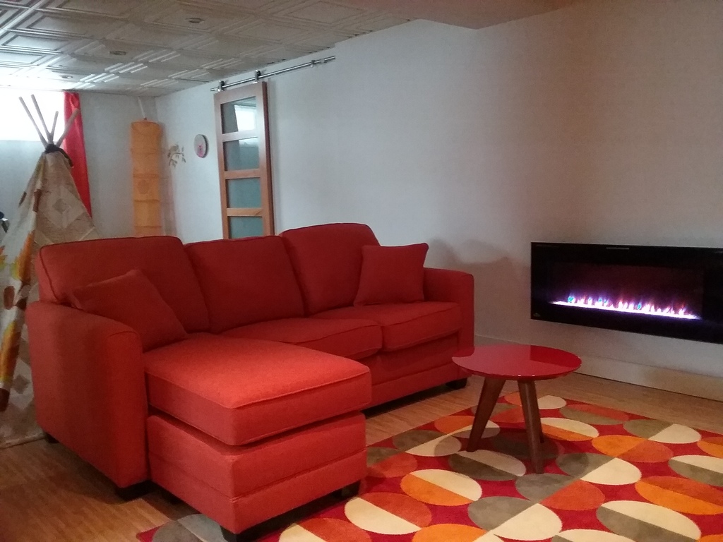 Living room basement with a comfortable sofa bed two places / Salon sous-sol avec un confortable canapé lit deux places