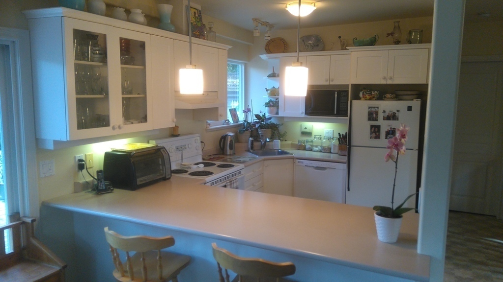 Open space main floor, kitchen from dining area.