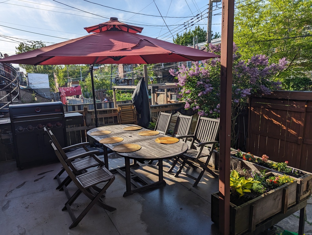 Rear patio and backyard. BBQ, hammock.