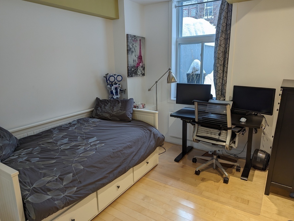 Bedroom 3: Bedroom with extensible Ikea bed. Home office area with ergonomic chair, standing desk.