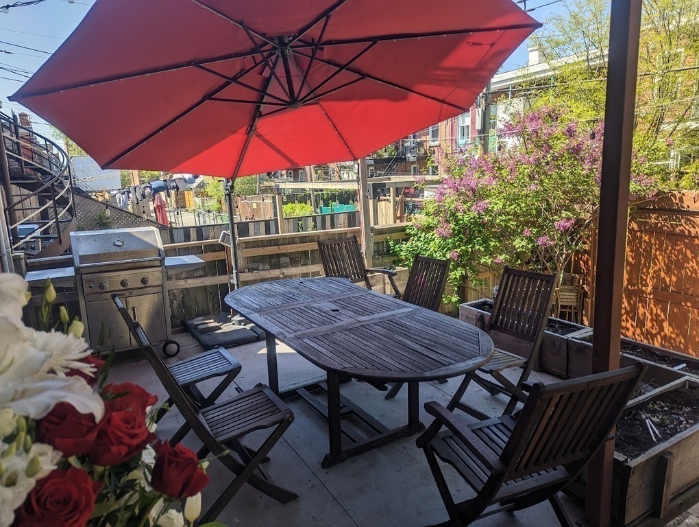 Rear patio and backyard. BBQ, hammock.