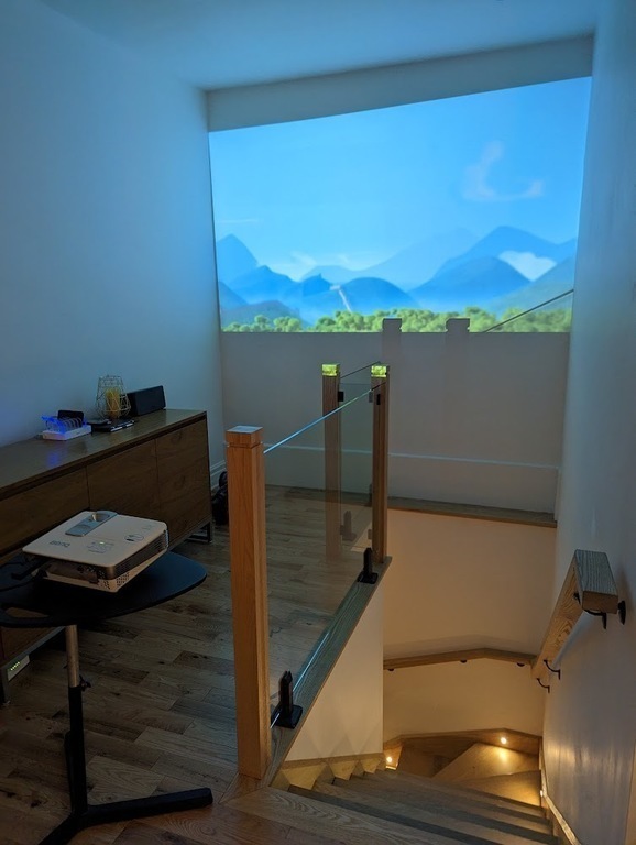 New stair to the family room, also our home cinema space for movies with a projector (and Fire TV)