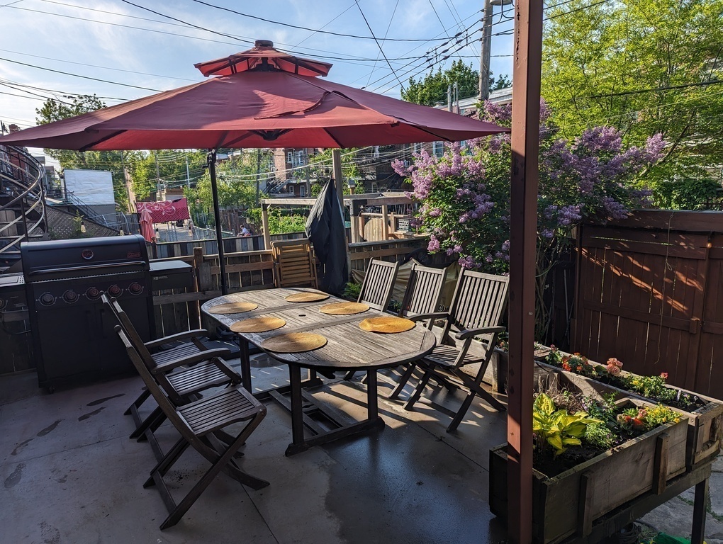 Rear patio and backyard. BBQ, hammock.
