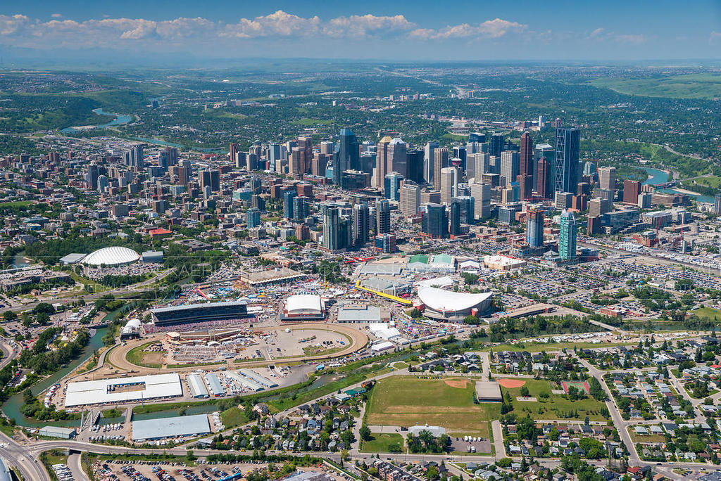 Downtown Calgary.  Our house is 5 min from white dome on left side of picture (near Stampede grounds)
