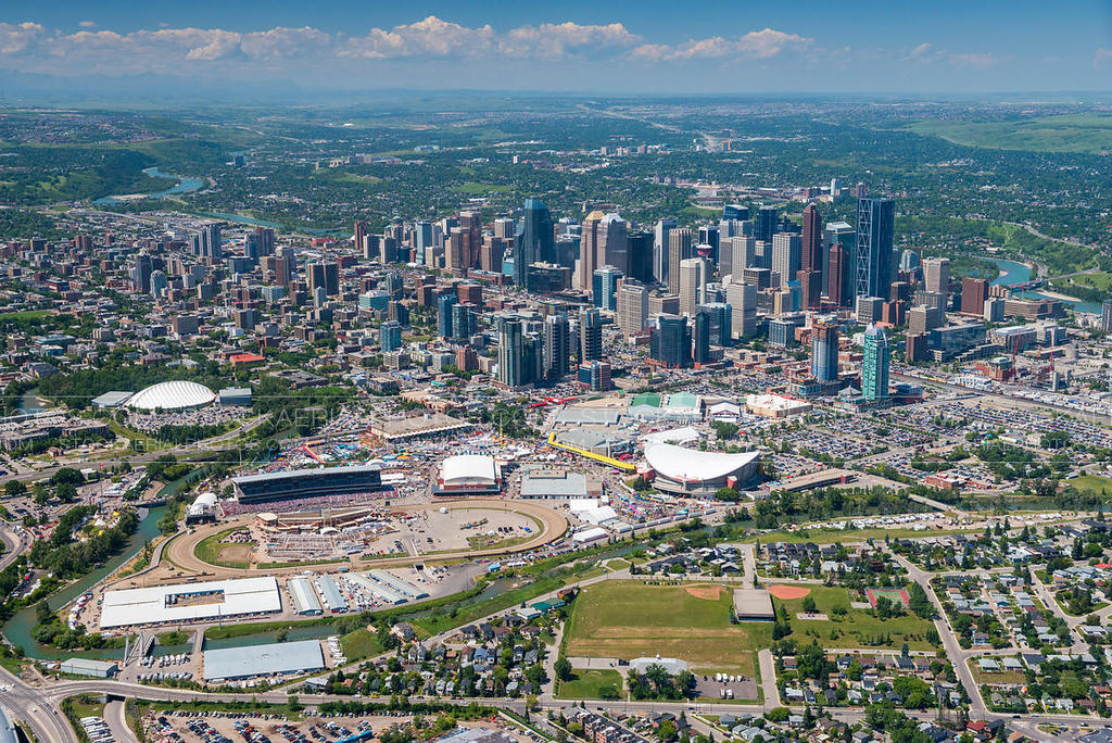 Downtown Calgary.  Our house is 5 min from white dome on left side of picture (near Stampede grounds)