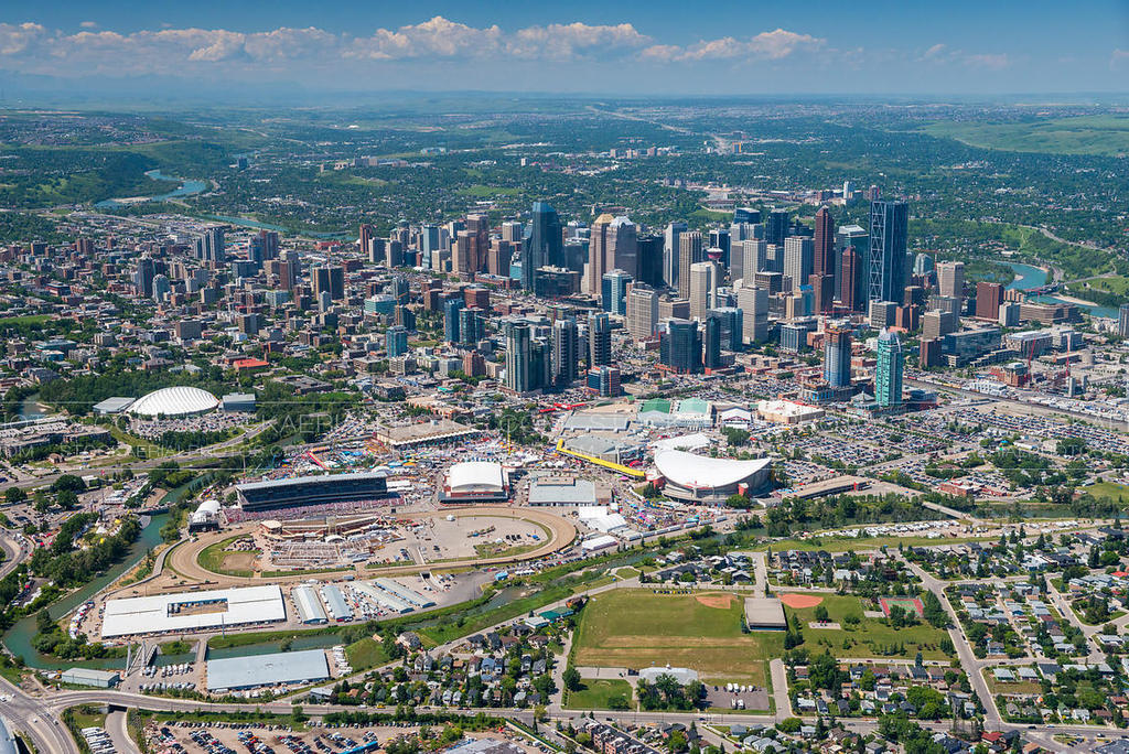 Downtown Calgary.  Our house is 5 min from white dome on left side of picture (near Stampede grounds)