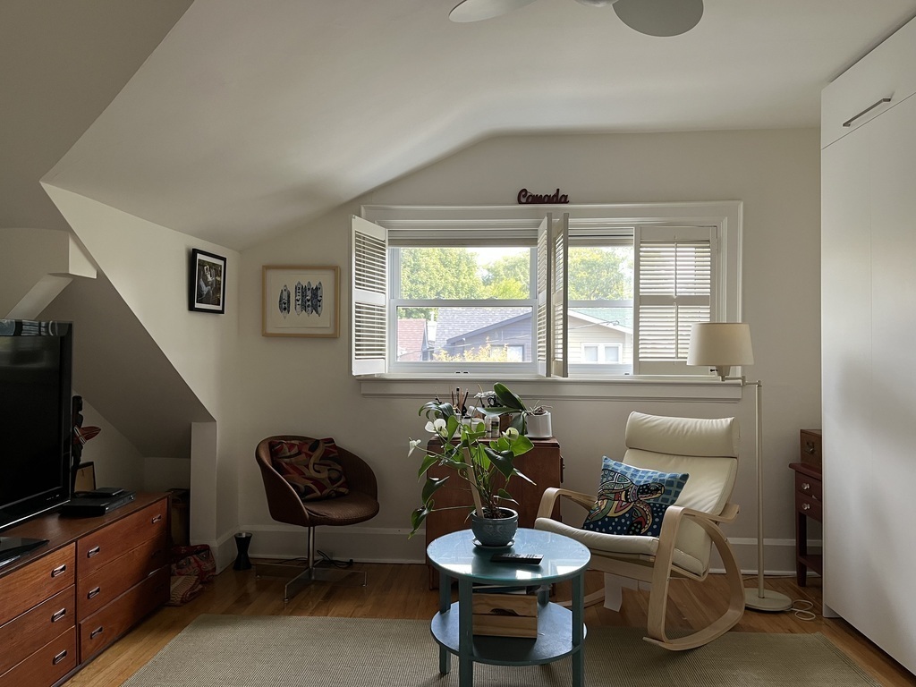 Second bedroom with top of the line wall bed. (Also the tv room.)