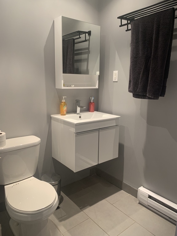 The bathroom with a shower next to the bedroom in the basement 