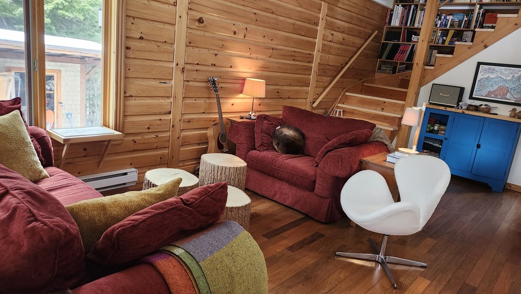 Salon, avec la bibliothèque, dans l'escalier.