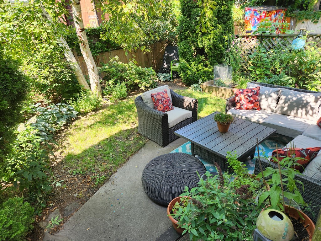 Landscaped backyard with raised bed - growing veg and herbs