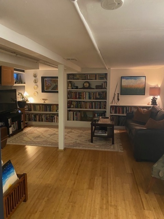 Basement TV room with multiple streaming services and an upright piano. 