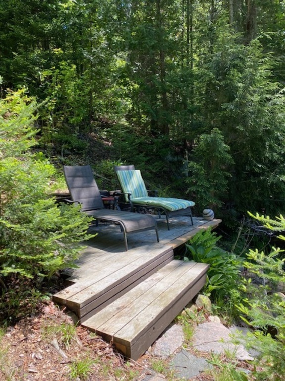 Small riverfront deck with entrance to the swimming pond.  Perfect place to read a book and listen to the rapids sing! 