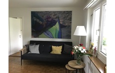 living room with contemporary artworks