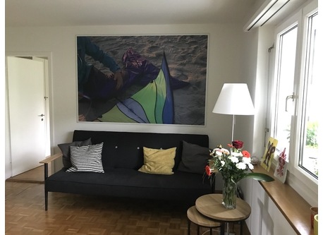 living room with contemporary artworks