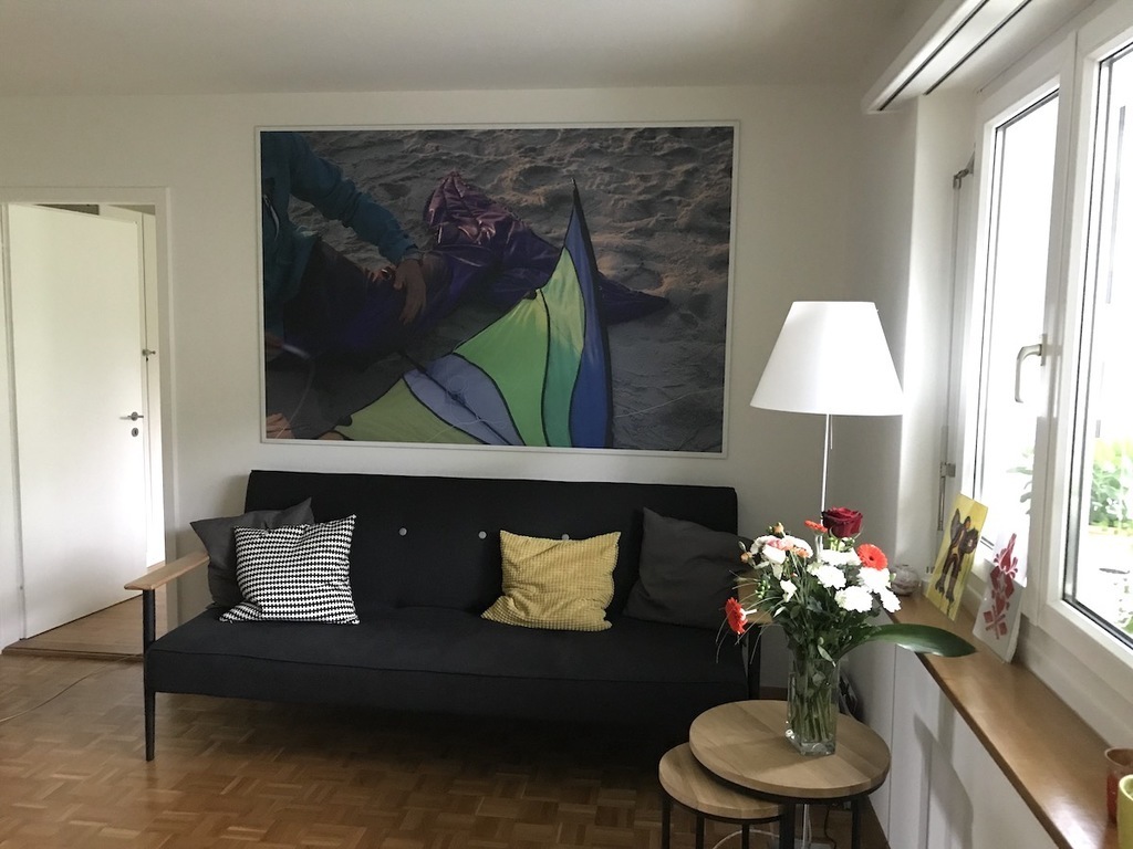 living room with contemporary artworks