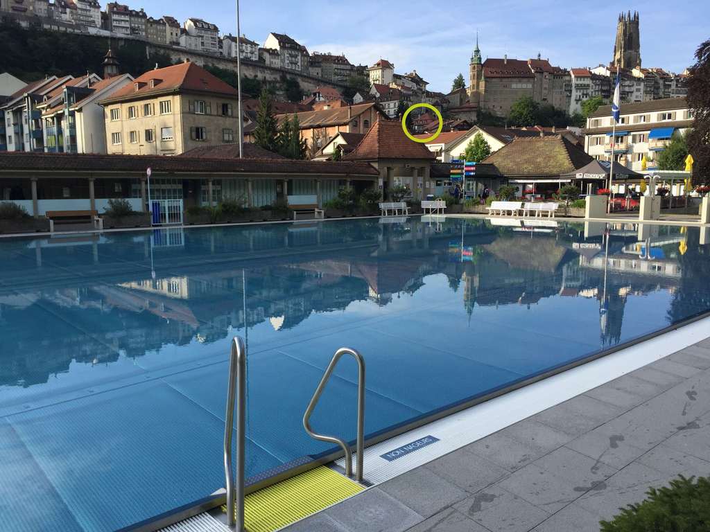 swim in the public pool near our house (in circle, 2 Minutes walk)