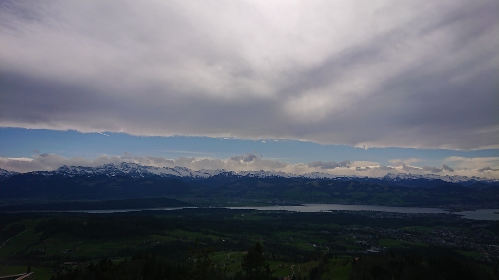 View from "Bachtel"-viewing-platform over the Lake of Zurich to the Alps