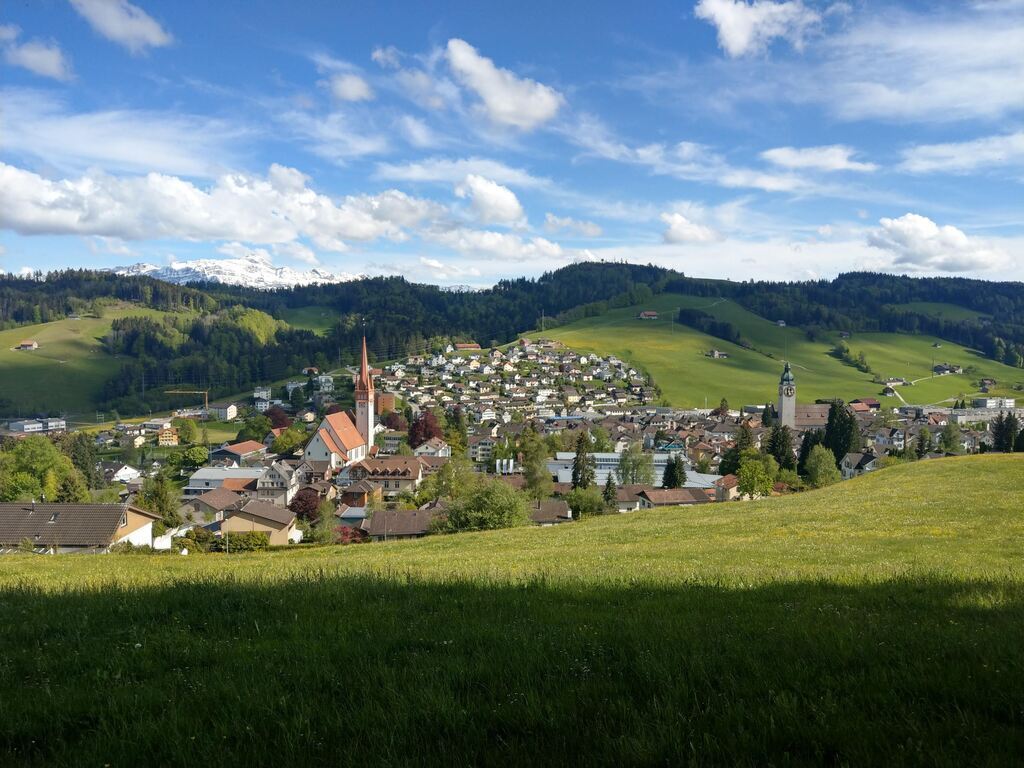 Blick vom Föhrenwäldli auf Degersheim mit Alpstein (Säntis) im Hintergrund (10 min zu Fuss)