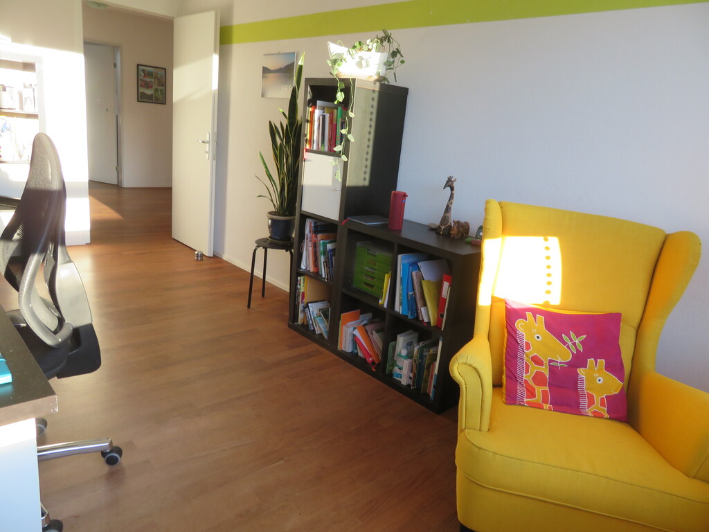 piano, guitar and relaxing chair with view to forest