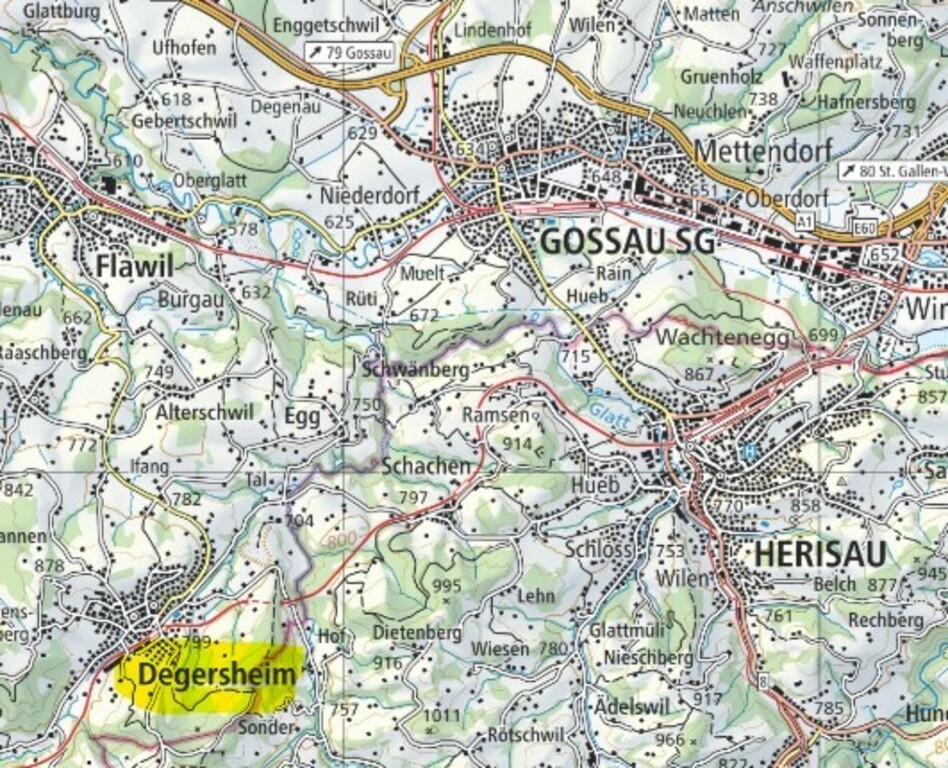 Degersheim (gelb markiert) liegt in der Nähe von Flawil, Gossau und Herisau.