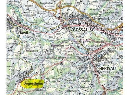 Degersheim (gelb markiert) liegt in der Nähe von Flawil, Gossau und Herisau.