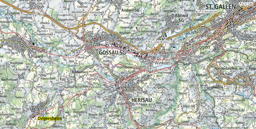 Degersheim (gelb markiert) liegt in der Nähe von Flawil, Gossau, Herisau und St.Gallen