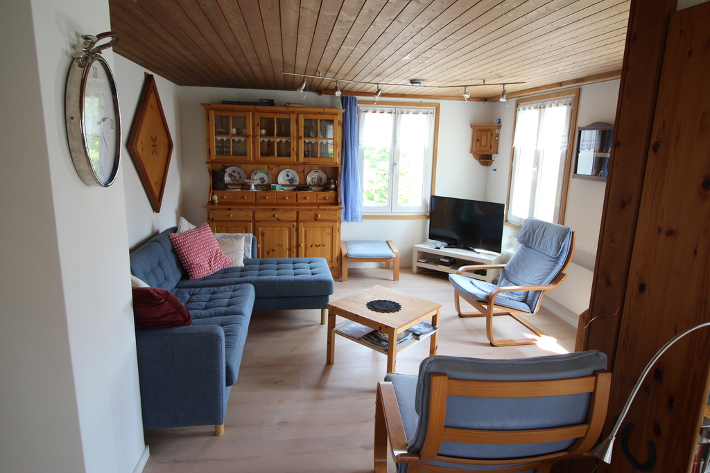 Heimelig eingerichtete Stube mit Sofa und Fernsehecke.