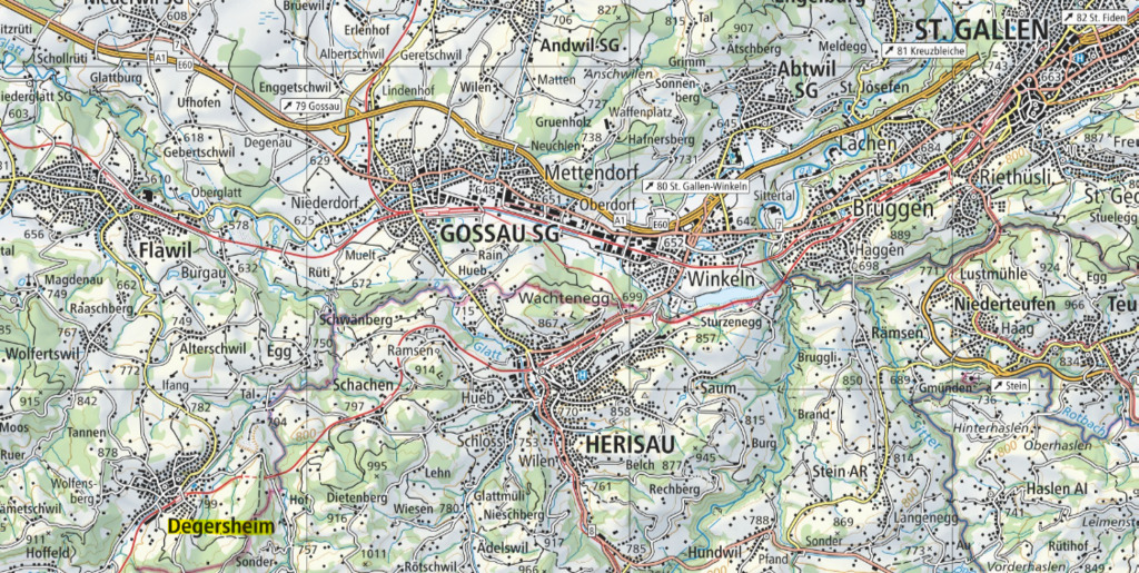 Degersheim (gelb markiert) liegt in der Nähe von Flawil, Gossau, Herisau und St.Gallen