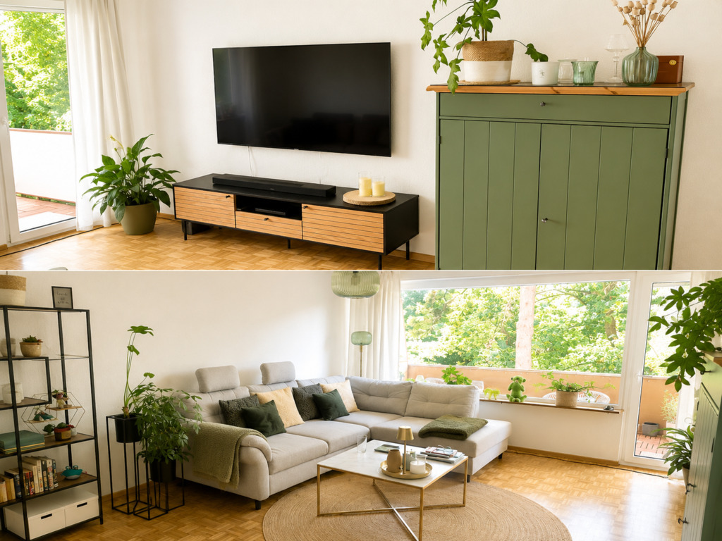 Grosszügiges Wohnzimmer mit gemütlichem Sofa, viel Tageslicht und direktem Zugang zum Balkon.