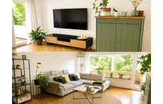 Grosszügiges Wohnzimmer mit gemütlichem Sofa, viel Tageslicht und direktem Zugang zum Balkon.