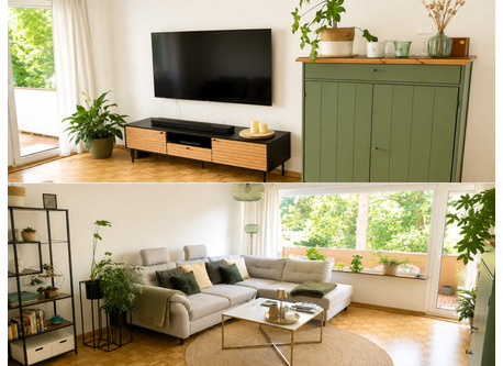 Grosszügiges Wohnzimmer mit gemütlichem Sofa, viel Tageslicht und direktem Zugang zum Balkon.